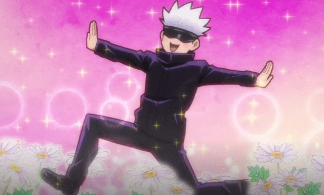 Gojo jumping in pink bg